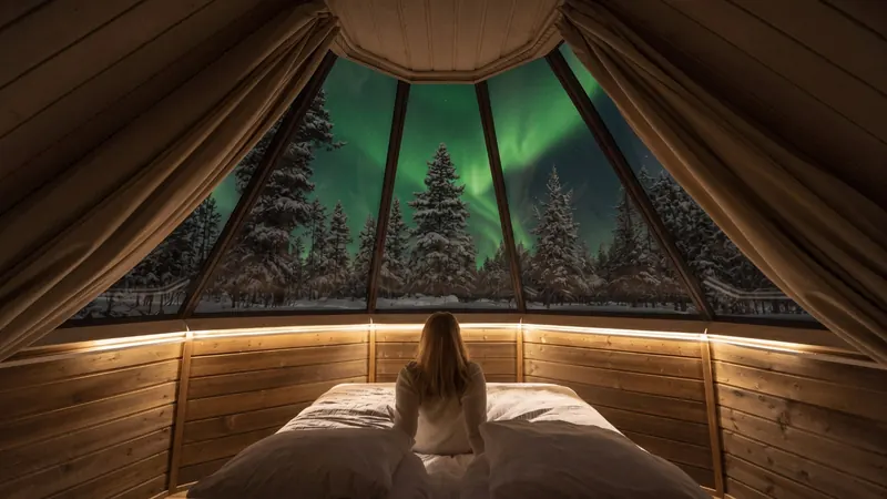 A guest in bed under a glass roof, the northern lights overhead